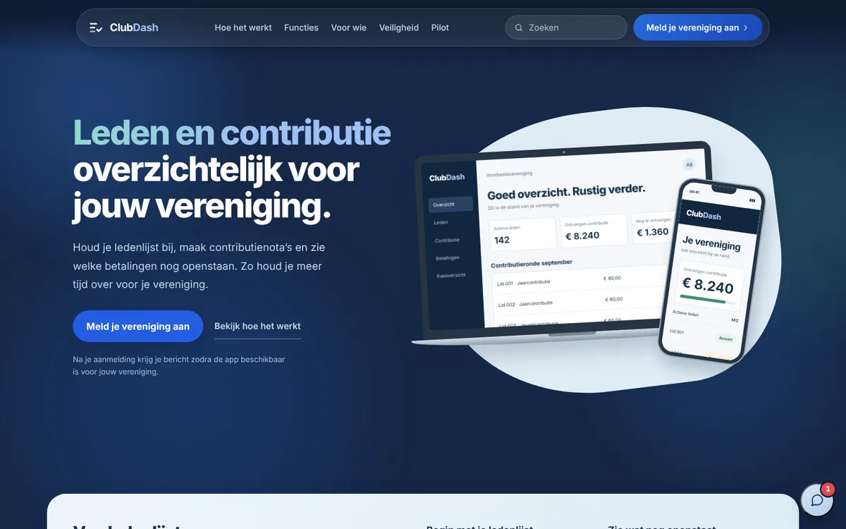 De homepage van ClubDash: leden en contributie overzichtelijk, met een dashboard op laptop en telefoon