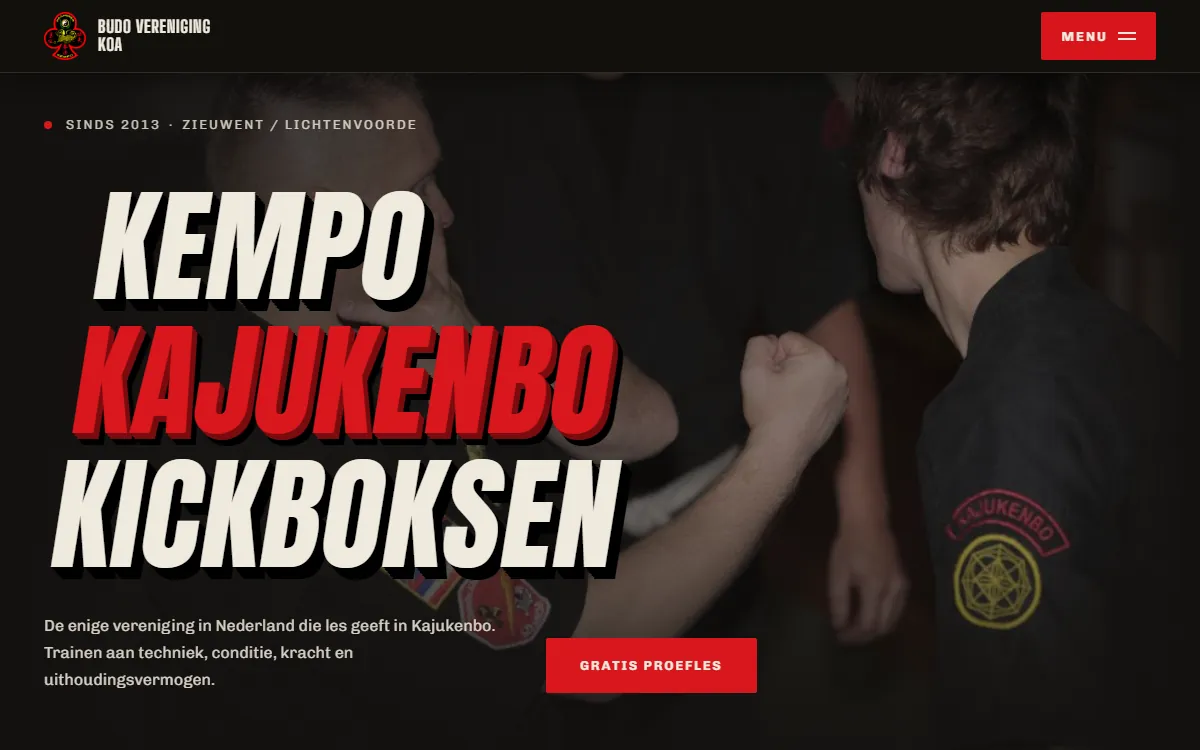 De homepage van Budo vereniging KOA